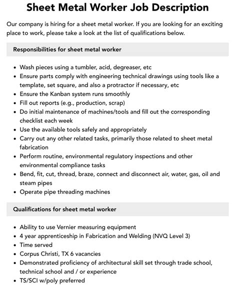 sheet metal fabrication engineer job description|sheet metal worker skills.